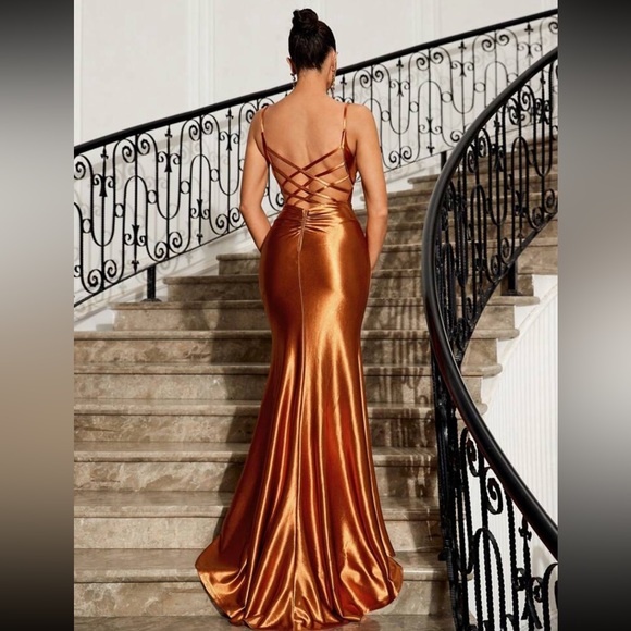 Ice crisscross back mermaid hem party formal elegant satin dress - Picture 2 of 8